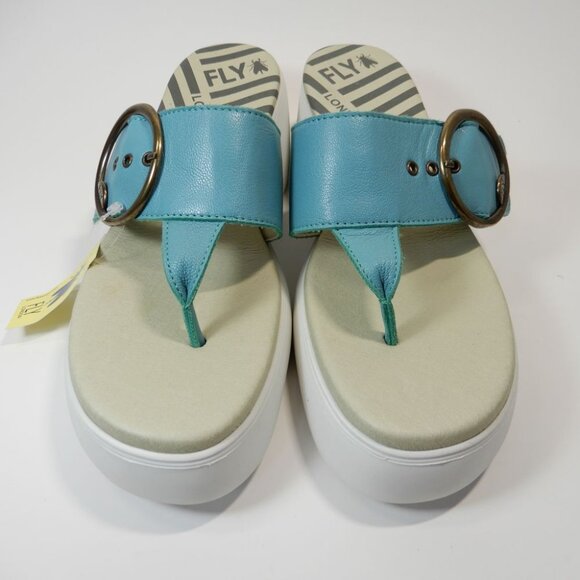 FLY LONDON Dafi SANDALS EU 41 10 10.5 Platform Wedge Thong Turquoise Leather NEW - Picture 4 of 15